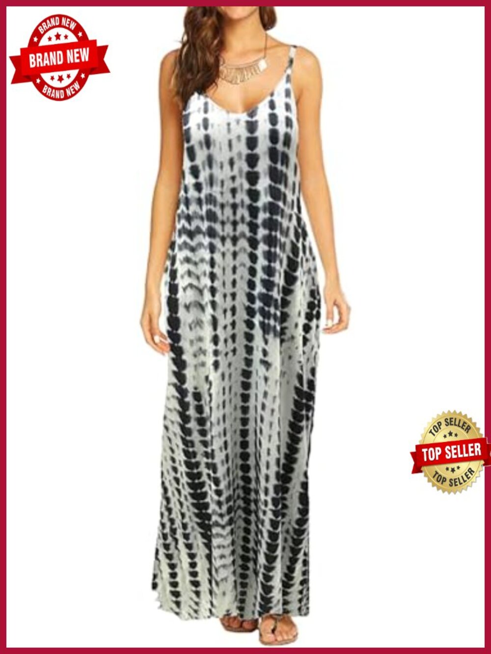 Women's Spaghetti Strap V-Neck Bohemian Long Maxi Dress Pockets